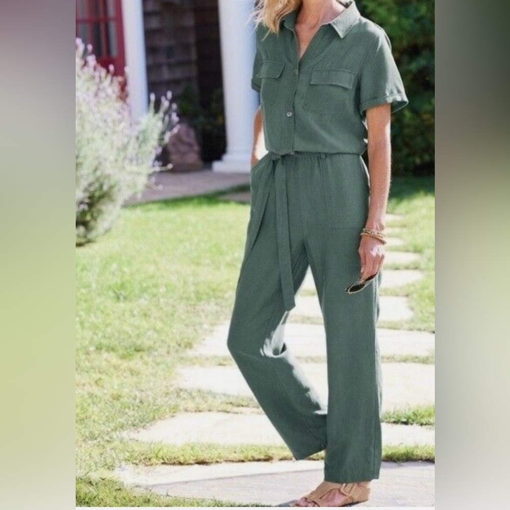 SOFT SURROUNDINGS NWT $140 Getaway Belted linen Jumpsuit in Mallard Green Sz 12